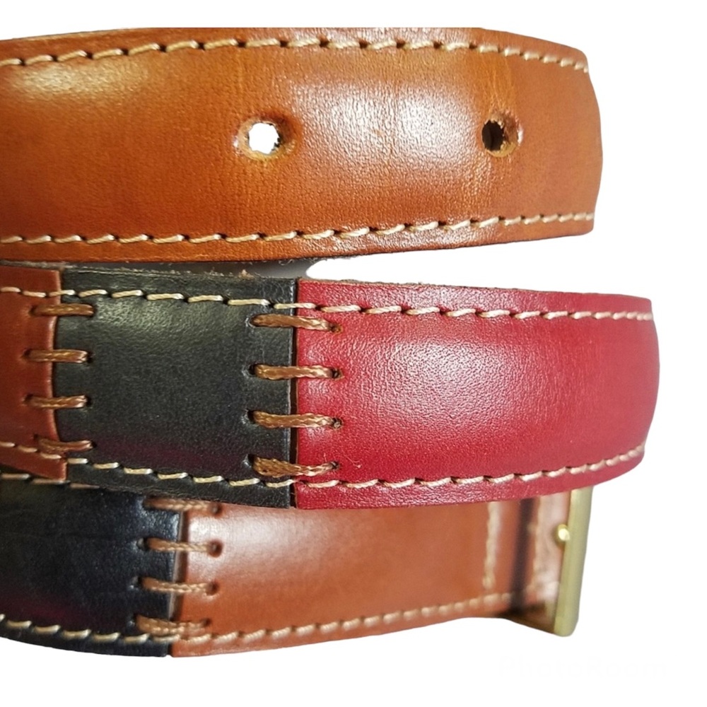 Fossil Patchwoork Leather Belt Size 34” Tan Black Green Red Y2K - Picture 2 of 8